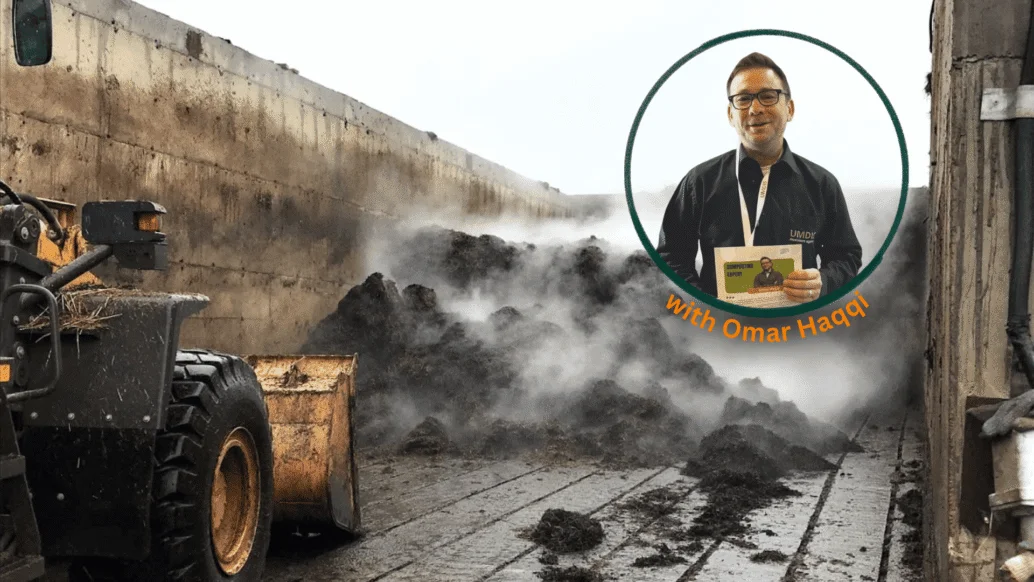 Steaming Phase I compost in the bunker with a loader, and Omar Haqqi, UMDIS composting expert